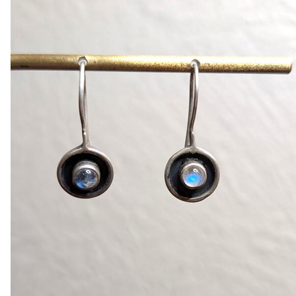 Vintage 925 Sterling Silver Moonstone Cabochon Wire Earrings - Picture 1 of 7
